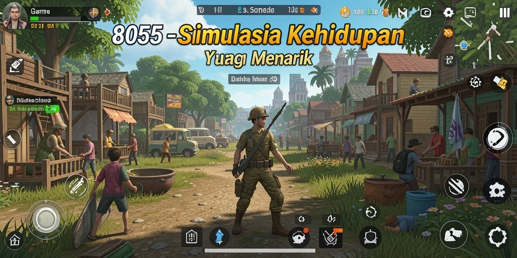 Screenshot gameplay <strong>8055</strong> menampilkan karakter berinteraksi dalam dunia simulasi yang dinamis.