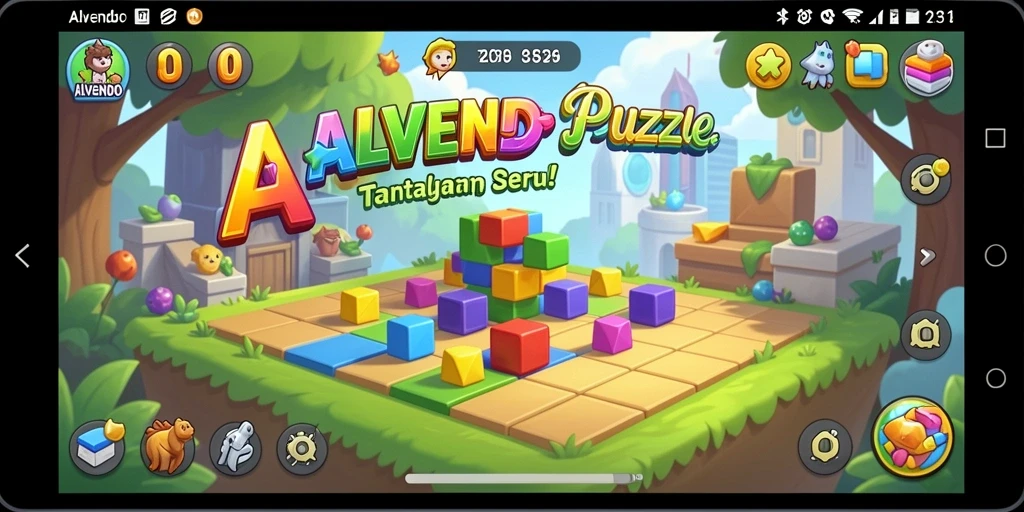 Tangkapan layar gameplay ALVENDO menampilkan teka-teki menantang yang penuh warna.