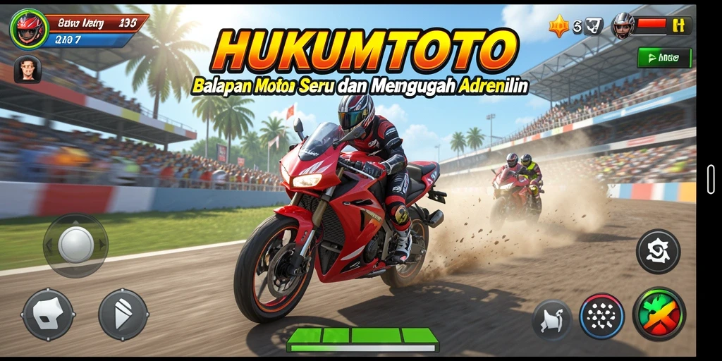 Tangkapan layar gameplay HUKUMTOTO menunjukkan aksi balapan motor yang seru.
