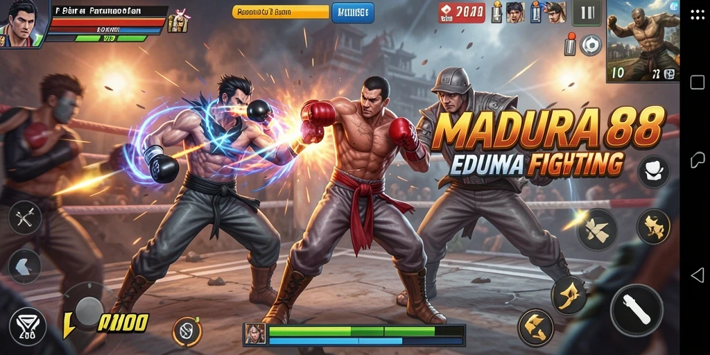 Screenshot utama MADURA88 menampilkan pertarungan seru antara karakter-karakter tangguh.